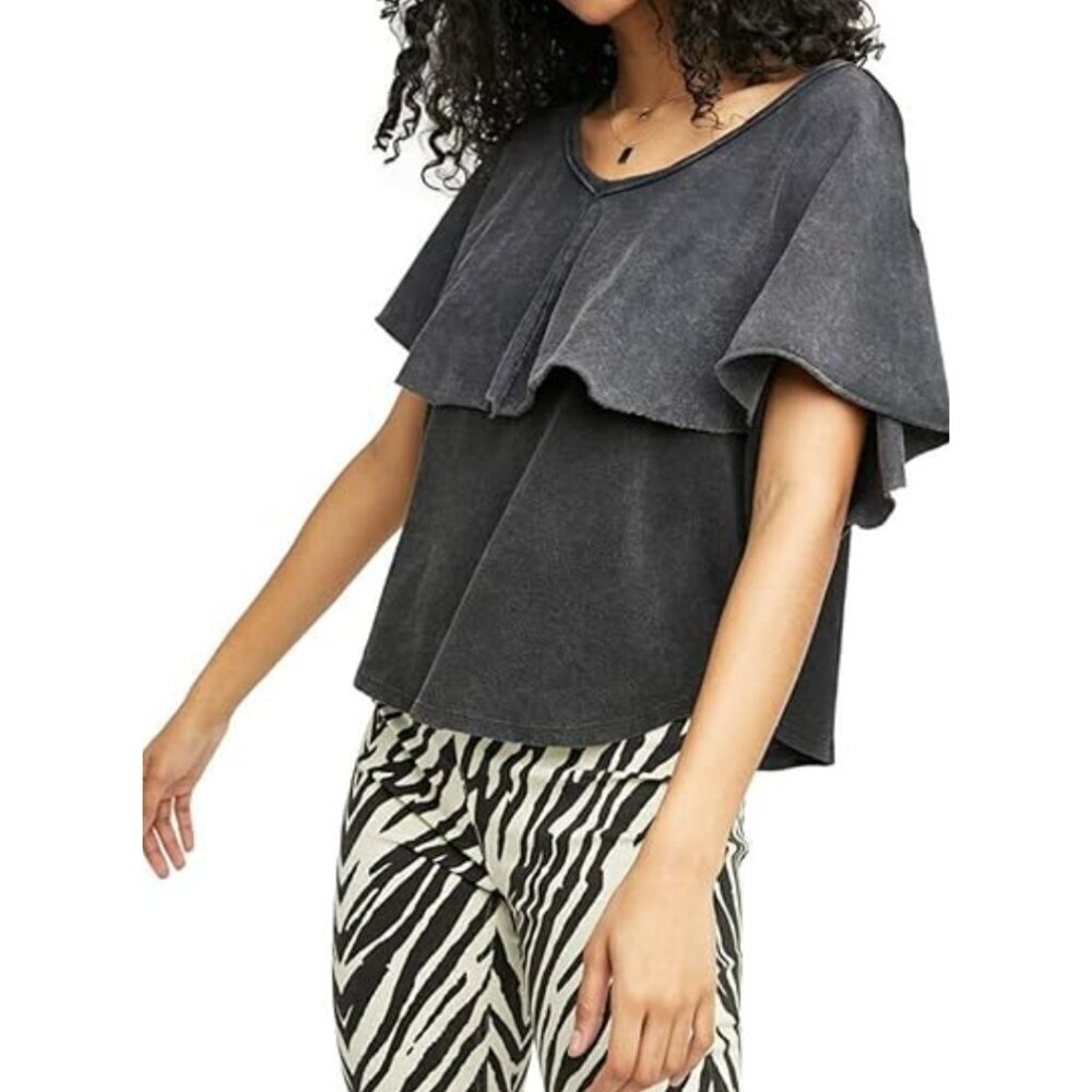 Free People Girl Talk Ruffle Top Linen Blend Dark Gray Size XS 26510